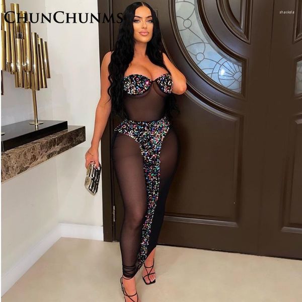 Vestidos casuales Sexy Lentejuelas sin tirantes Wrap Breast Mesh Vestido largo Mujeres Club Party Outfits Bling Sparkle Boho Maxi Evening Robes 2023