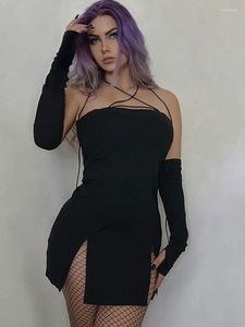 Robes décontractées Sexy Slash Neck Dos Nu Femmes Robe Avec Des Gants Solide Slim Off Épaule Spaghetti Strap Noir Moulante Robe Feminino