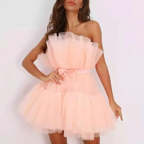 Vestidos informales Sexy Vestido sin mangas Mini Vestido Elegante Fiesta de malla Mujeres Rose Rose Off Shoulder Bow-Bandeau Bandeau Bandeau