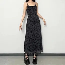 Robes décontractées sexy mince noire vintage Summer Long Slip Grunge Streetwear Loose Fit Spaghetti Strap Robe Retro Costume Costume Fashion