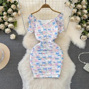 Casual jurken sexy slanke mesh jurk voor dames vlinder afdrukken korte mouw schede vestidos vrouwelijke zomer v-neck heupen jurken jurken