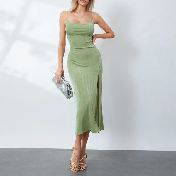 Vestidos casuales Dress Slip Slip Summer verde sólido Color spaghetti Correa sin espalda Slit Slim Midi Women's Clothing
