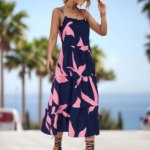 Vestidos informales Sexy Slip Long Dress Beach Sundress Women Summer 2024 Blue sin mangas Ruffle Big Hem Fashion Impresión A-Line Sling