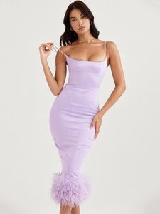 Casual jurken sexy spaghetti riem veer mouwloze vierkante nek bodycon jurk zomer violet satijn midi feestclub