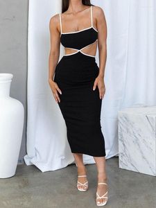 Robes décontractées Sexy Spaghetti Strap Midriff-baring Midi Dress Sans manches Low-cut Fashion Backless Contrast 2023 Summer Simple Outfits