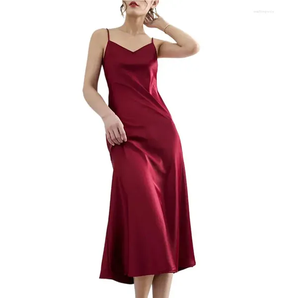 Vestidos casuales Sexy Spaghetti Strap Satin Maxi Long Midi Robe Ropa Mujer Vestidos Elegantes Mujeres Artificial Seda Vestido de fiesta de boda