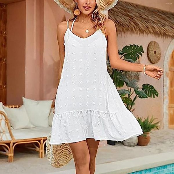 Vestidos casuales Sexy Spaghetti Strap Summer Sundress Mujeres Lace Up Trompeta Vestido corto Bohemian Solid Ruffles Hem Beach Holiday Vestido 2023