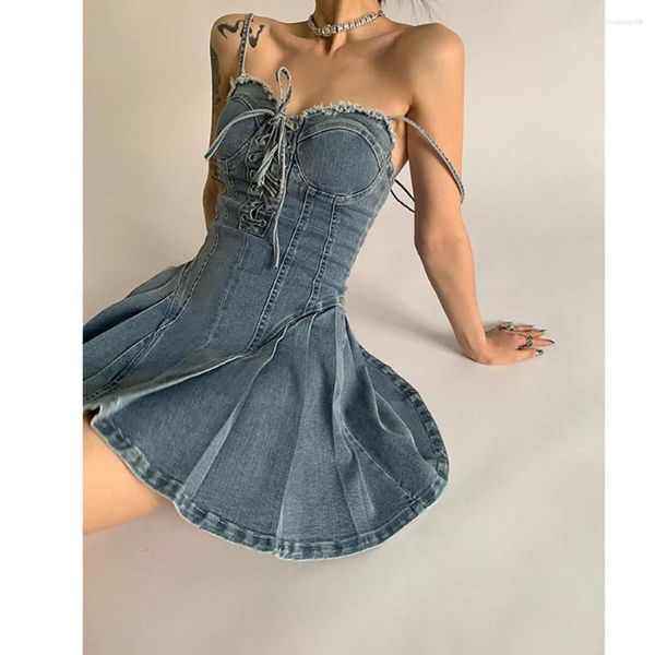 Vestidos informales Sexy Spaghetti Strap Women Denim Vestido Venta de verano Sweet Sweet Codycon Slip A-Line Plateed Club Streetwear