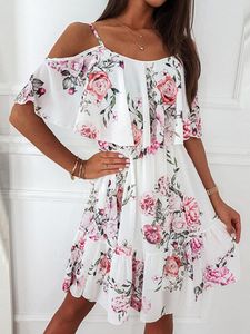 Robes Décontractées Sexy Bretelles Spaghetti Imprimé Floral En Mousseline De Soie Mini Robe D'été Hors Épaule Fête Plage