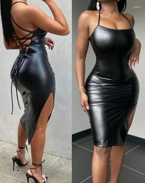 Robes décontractées Sexy fille épicée dos nu fente en cuir Pu robe moulante vêtements féminins soirée mode femme maigre midi fête