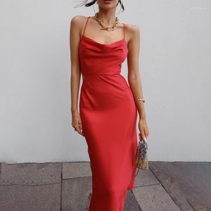 Vestidos casuales Sexy Stain Low Cut Midi Dress Mujeres Spaghetti Strap Sin mangas Backless Bandage Long 2023 Summer Color sólido Vestidos