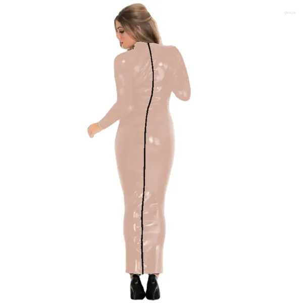 Robes décontractées Sexy droite brillante solide longue robe femmes sans manches col roulé dos fermeture éclair en cuir Pu moulante élégante fête fendue