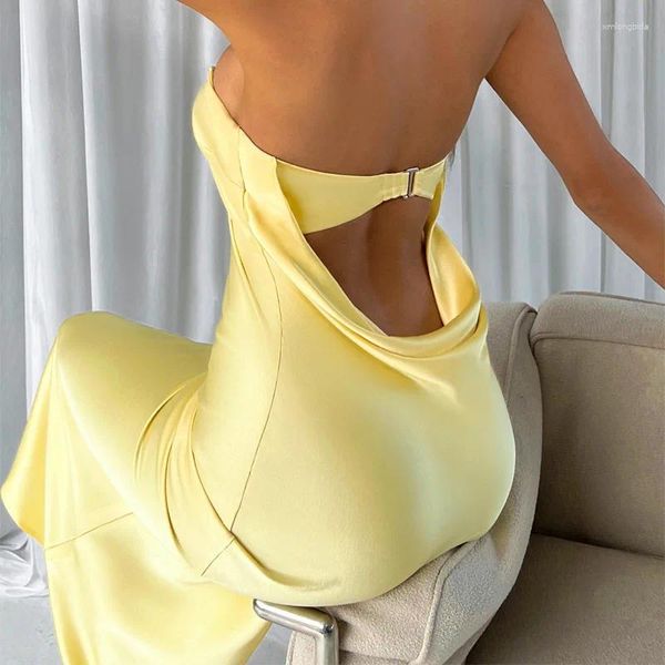 Vestidos casuales Sexy sin tirantes vestido midi sin espalda mujeres sin mangas elegante club fiesta bodycon verano amarillo satinado traje vacaciones 2024