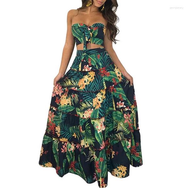 Vestidos casuales Sexy sin tirantes sin mangas Ropa de playa Dos piezas Verano para mujeres 2023 Estampado floral Boho Bow Long Maxi Ball Vestido