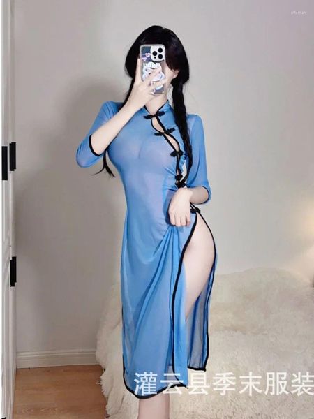 Robes décontractées Robe d'étudiant sexy Uniforme Cosplay Fourche bleue Pyjama transparent Pyjama à poitrine unique sans bretelles creux doux QN53