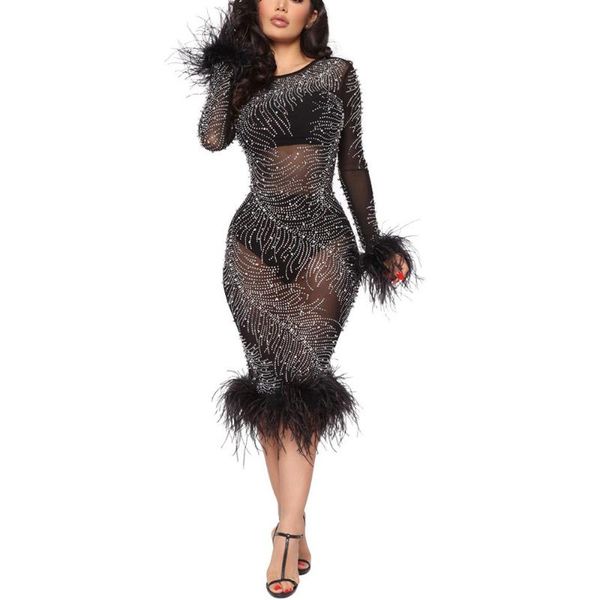 Robes décontractées Sexy Transparent Pour Femmes Diamant Plume Moulante À Manches Longues Longueur Au Genou Mode Élégante Soirée Night Club RobesCasual