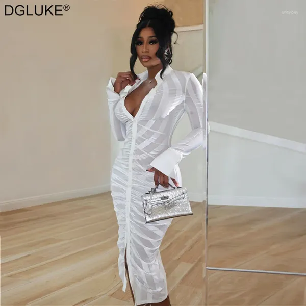 Robes décontractées Sexy robe en maille transparente blanc à manches longues froncé Maxi rayé chemise moulante nuit tenue de club