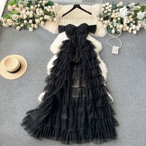 Casual jurken sexy transparante riem uit schouderpailletten lange jurk voor vrouwen elegante meerlagige mesh ruffles avond feestjurk 2024