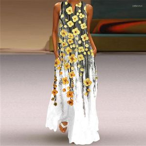 Casual jurken sexy v-neck floral print mouwloze mouwloze maxi jurk dames zomer losse pocket a-line dames boho strand sundress vestidos