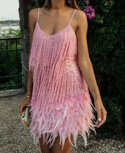 Casual Jurken Sexy V-hals Froned Lovertjes 3D Feather Stitching Pink Dress Harajuku Heldere zijde Kwastels Party Bead Bandage Vestido
