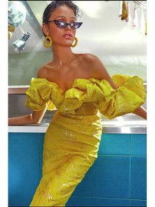 Robes décontractées Sexy col en V épaule brodée robe midi florale bleu jaune élégant volant à manches courtes fendu célébrité Evning PartCas