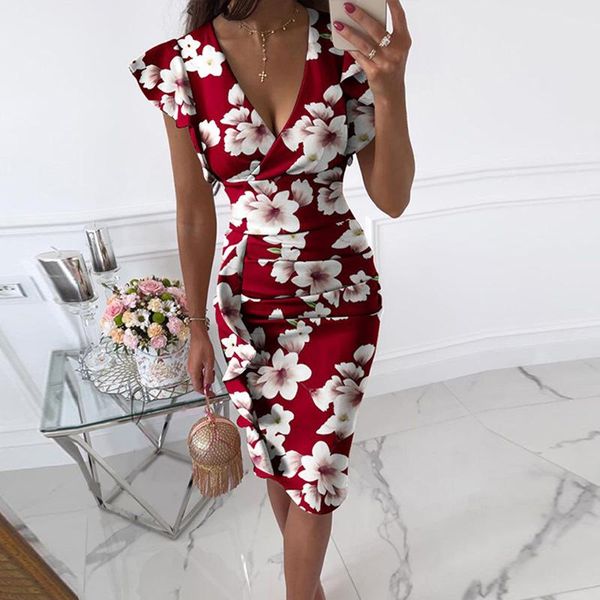 Vestidos casuales Sexy con cuello en V Ruffle Summer Women Dress Vintage Print Slim Fit Bodycon Party Fashion Butterfly Sleeve Office Lady Midi