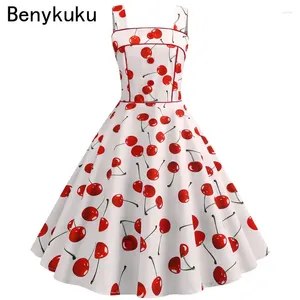 Robes décontractées Sexy Vintage Cherry Print Robe d'été Femmes 2024 Rétro Spaghetti Strap Party 50s 60s Pin Up Rockabilly Robe Femme