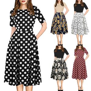 Robes décontractées Sexy Vintage Swing Dress Femmes Poche Imprimer Soirée Lâche Princesse Femme À Manches Courtes Vestidos