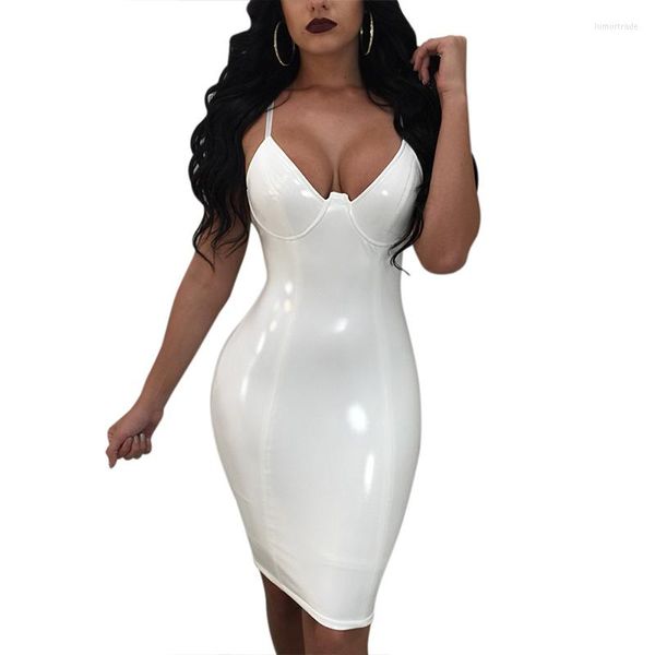 Vestidos casuales Sexy Wet Look Cremallera Correa de espagueti Midi Vestido ajustado 2022 Sin mangas Clubwear Fiesta Vinilo Cuero Negro Blanco Rojo Rosa