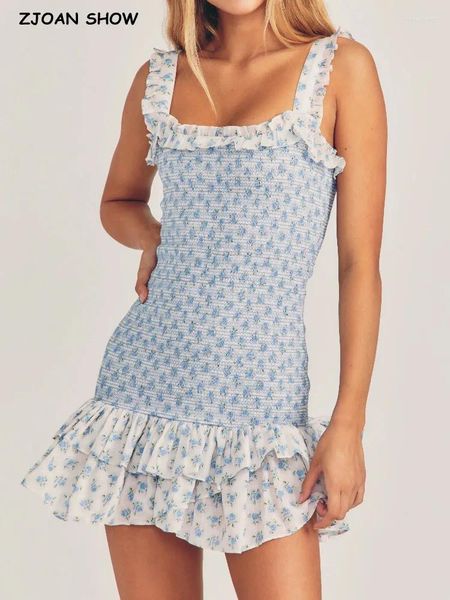 Vestidos casuales Sexy blanco azul flor estampado corsé acanalado elástico cuerpo honda mini vestido mujer orejas de madera cuello cuadrado volantes dobladillo bata