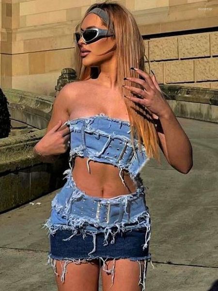 Vestidos casuales Mujer sexy 2023 Verano Denim Patchwork Corset Top Paquete Hip 2 piezas Conjunto Streetwear Girls Moda Mini faldas Trajes