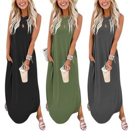 Vestidos casuales Sexy Women's Loose Sundress Vestido largo Sin mangas Split Maxi Summer Beach con bolsillos Vestidos de tanque