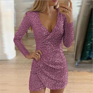 Robes décontractées Sexy femmes jupe à paillettes col en v à manches longues robe mince élégante mode dames soirée Vestidos fête Y2K