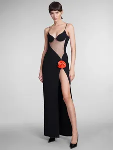 Casual jurken Sexy Women Black Spaghetti Strap 3D Flower Mesh Patchwork Long Dress Velvet High Split Maxi elegante avondfeestjurken