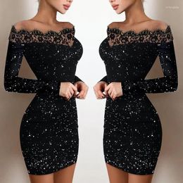 Casual Jurken Sexy Vrouwen Elegante Cocktail Zwart Off Schouder Glitter Feestavond Chic Lange Mouw Pakket Hip Bodycon Jurk Kleding