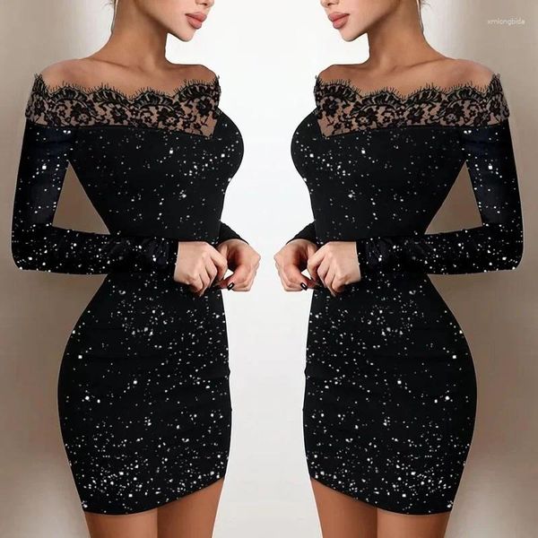 Vestidos casuales Mujeres sexy elegante cóctel negro fuera del hombro brillo fiesta noche elegante paquete de manga larga cadera bodycon vestido ropa