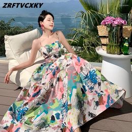 Casual jurken Sexy Women Fashion Spaghetti Strap Midi Dress 2024 Summer Boho Flower Print Vrouw Korea Elegant Big Swing Holiday Beach