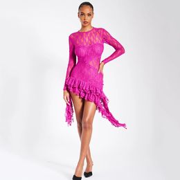 Robes décontractées Femmes sexy à manches longues à manches longues à volants en dentelle robe 2023 col rond taille haute à lacets sans dos irrégulier club de fête robe noire