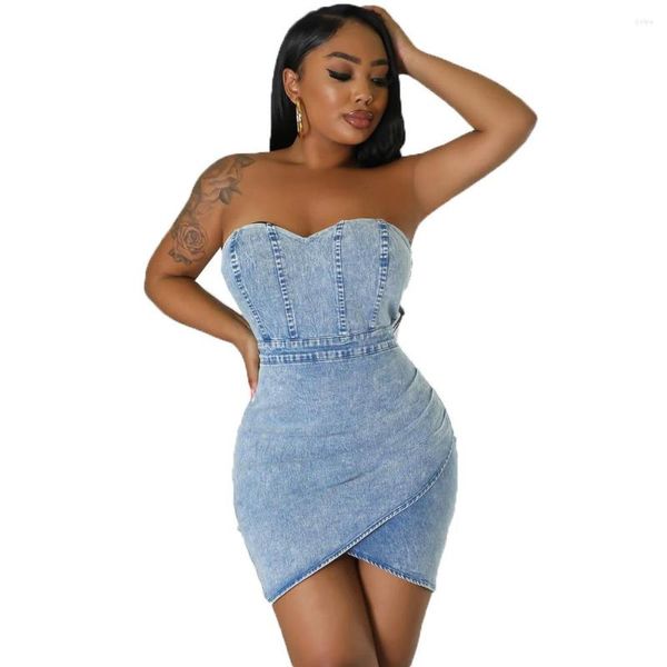 Robes décontractées Sexy femmes Mini robe sans bretelles fermeture éclair jean Denim sans manches fête nuit Clubwear pour Vestidos