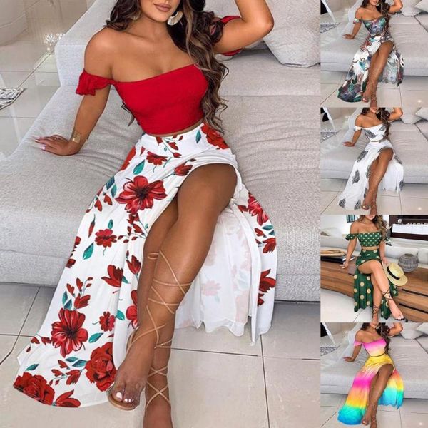 Robes décontractées Sexy femmes tenue deux pièces ensemble plume hors épaule Tube haut court haute fente ourlet dames Robe longue robe imprimer jupe pour