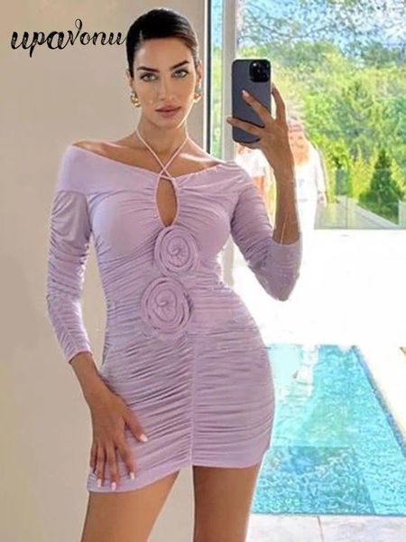 Robes décontractées Sexy Women's Party Femme Light Purple Robe suspendu le cou à lacets longs à manches longues drapées de décoration de fleur 3D Mini