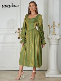 Vestidos casuales Sexy Women's Green Loose Satin Satin Straping Lantern Manges Sleated A-Line Midi Dress Celebrity Evening Club Vestidos