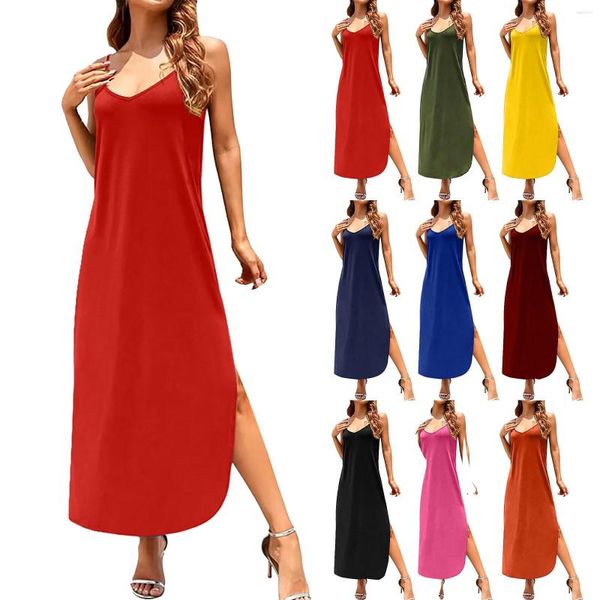 Vestidos casuales Mujeres sexy Vestido de satén Correa de verano Sin mangas Seda Suelta Larga Robe de gran tamaño Femme