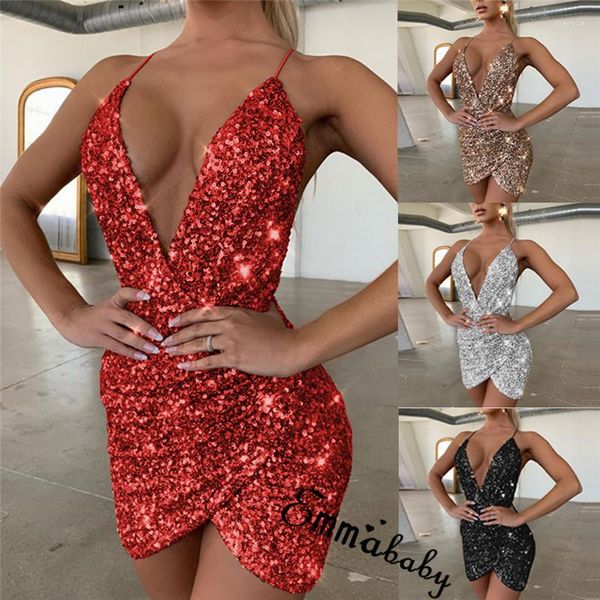 Robes décontractées Sexy femmes paillettes paillettes robe col en v moulante courte Mini Clubwear soirée Wrap dos nu asymétrique