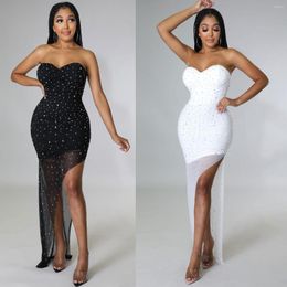 Casual jurken sexy vrouwen strapless bodycon rhinestone verjaardagsfeestje jurk glanzende lange split club