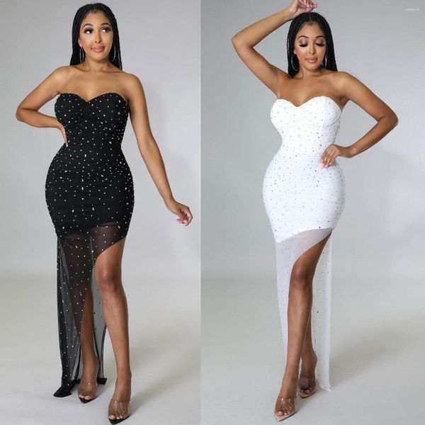 Robes décontractées Femmes sexy sans bretelles Bodycon Strass Robe de fête d'anniversaire Brillant Long Split Club