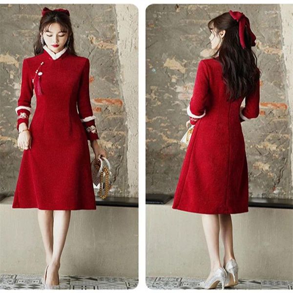 Vestidos casuales Mujeres sexy Vintage Año chino Ropa tradicional Manga larga Cheongsam Vestido Rojo Qipao Cóctel Otoño Primavera Espesar Fiesta