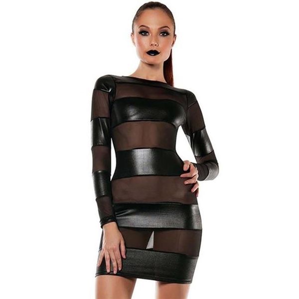 Vestidos casuales Mujeres sexy Mirada mojada PVC Malla Insertar Bodycon Clubwear Moda Negro Manga larga Vestido de cuero de vinilo Vestidos Kleid R217p