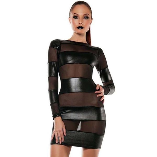 Vestidos casuales Mujeres sexy Mirada mojada PVC Malla Insertar Bodycon Clubwear Moda Negro Manga larga Vestido de cuero de vinilo Vestidos Kleid R260Y