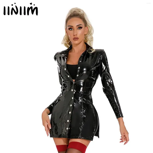 Robes décontractées Sexy Femmes Latex Veste Robe Wet Look Cuir Verni Clubwear Col Montant Manches Longues Bouton Up High Split Mini Moulante